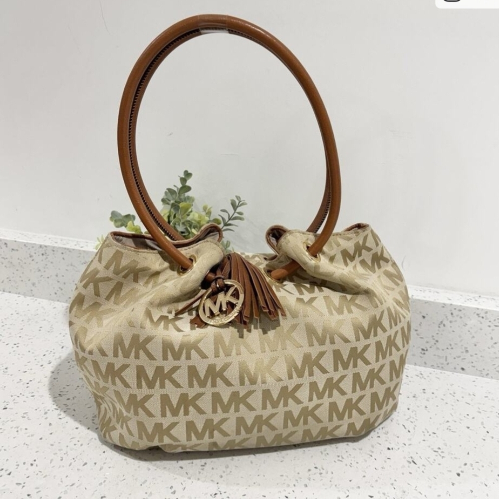 Michael Kors Cream and Brown Monogram Shoulder Bag